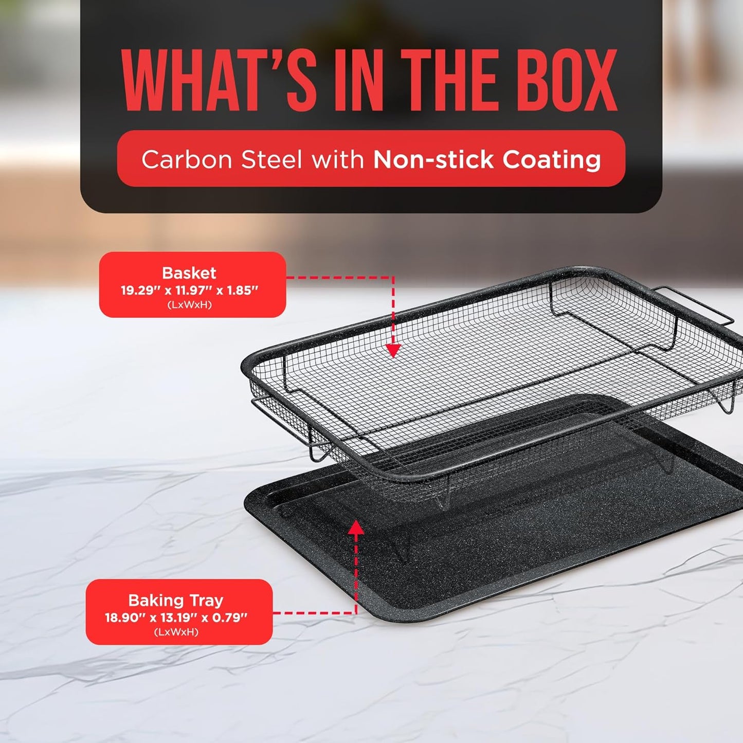 Crisper Tray Gray marble Coating - 2-Piece Set, Non-Stick Basket Design for Healthier Cooking in Regular Ovens - Make Great Crispy Food, Bacon and More, Extra Large Size 19" x 13"