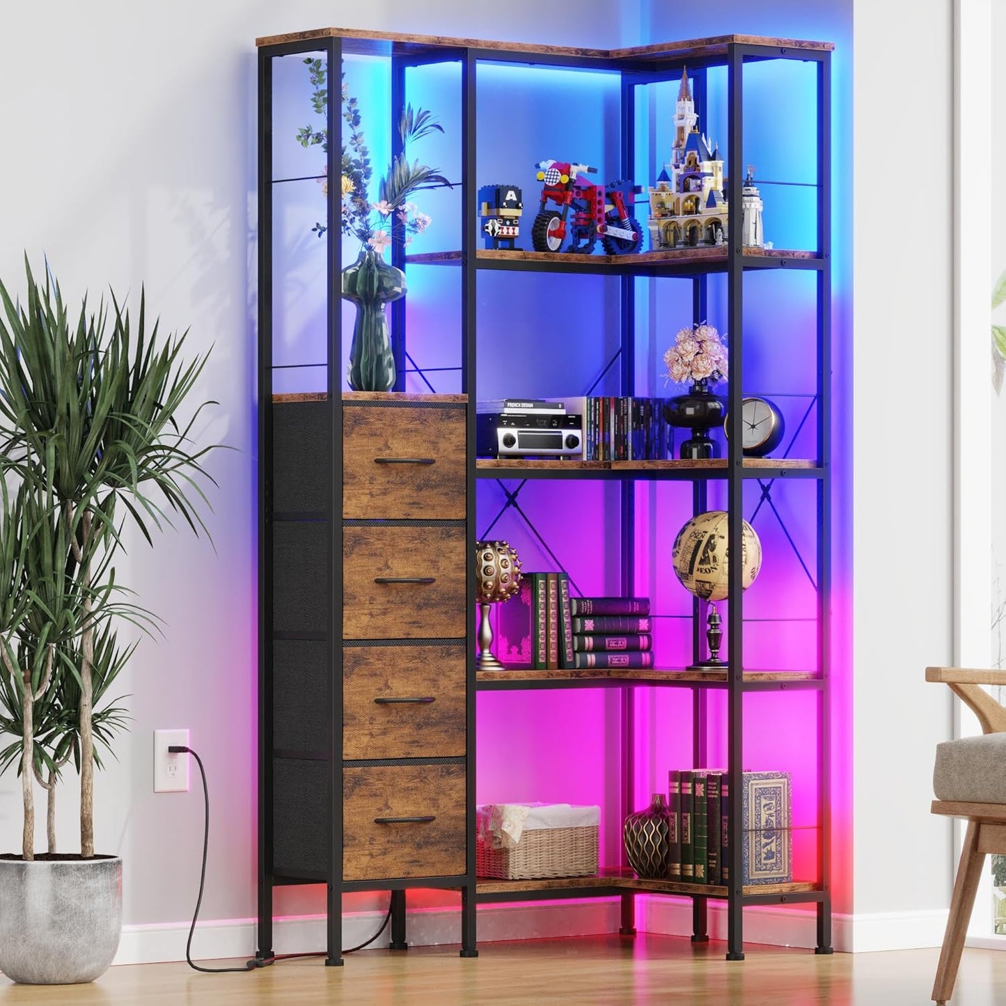 Corner Bookshelf with LED Light Strips & 4 Fabric Drawers, 5-Tier Convertible Corner Shelf with Display Shelf, Large Wood Industrial Bookcase for Living Room, Bedroom, Home Office, Rustic Brown