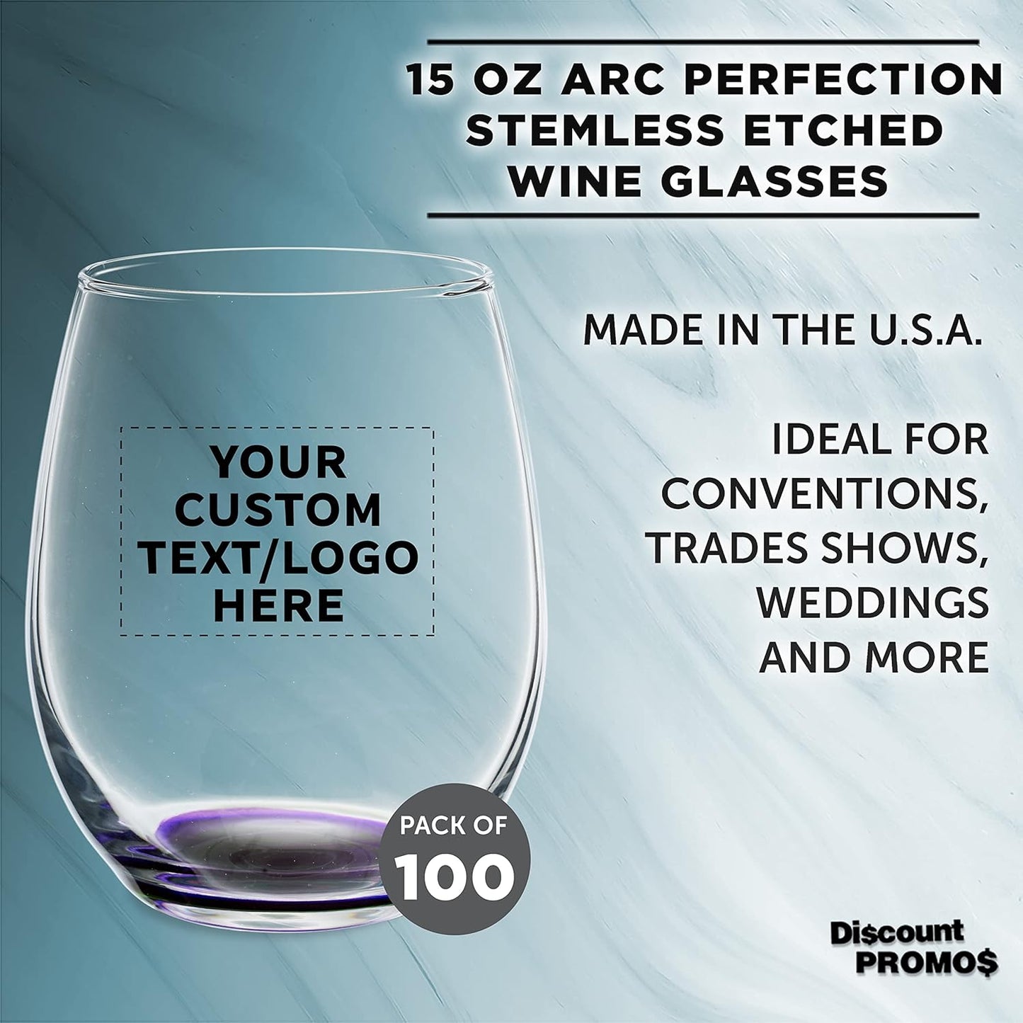 Custom Stemless Wine Glasses in Bulk by ARC Perfection, 15 oz, 100 pack, Personalized Text, Logo, Purple or White Wine Glass Set, Purple