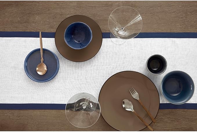 Solino Home Linen Table Runner 120 Inches Long - Navy and White 100% Pure Linen 14 x 120 Inch Table Runner for Dining, Christmas, Holiday, Winter, New Year - Classic