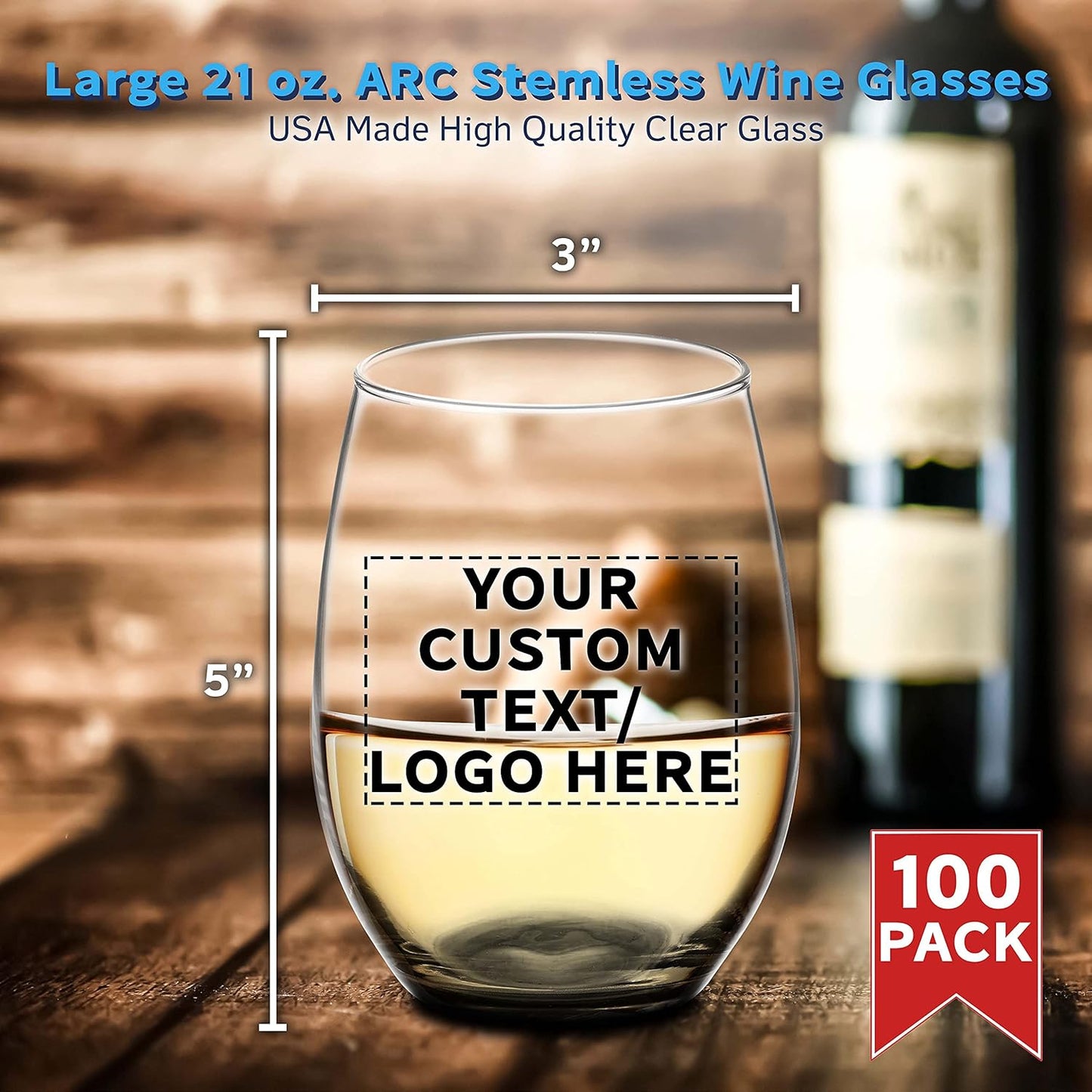 DISCOUNT PROMOS 100 ARC Stemless Wine Glasses Set, 21 oz. - Customizable Text, Logo - Chardonnay, Cabernet, Merlot, Sauvignon - Black