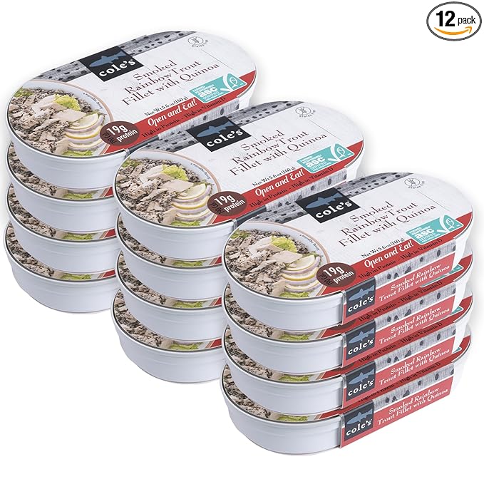 COLE’S - Smoked Rainbow Trout Fillet with Quinoa | Open & Ready to Eat Meal | 5.6 oz Canned & Hand-Packed | 19g Protein | High in Vitamin D | 12 pack
