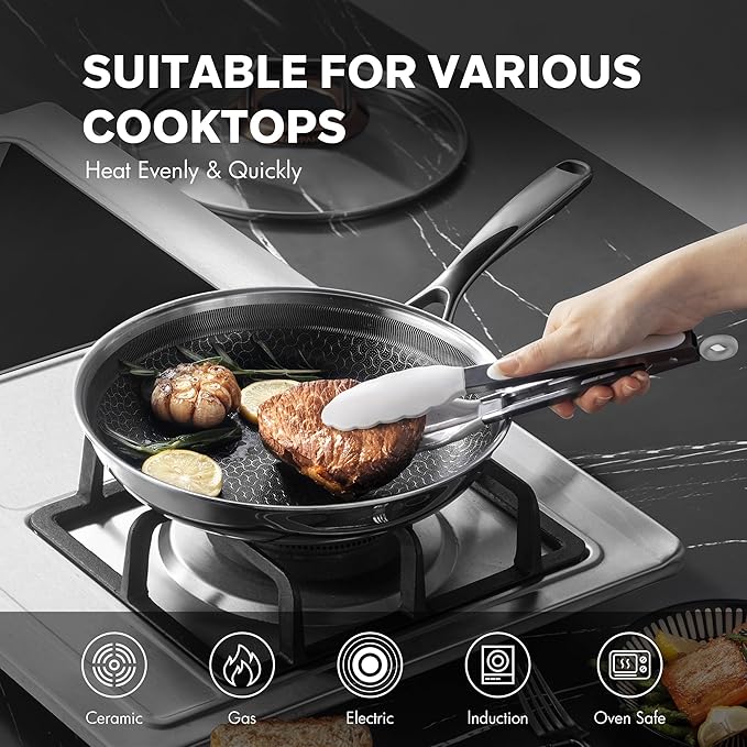 Hybrid Nonstick 10-Inch Frying Pan with Lid,Non Stick Frying Pan,PFAS PFOA PTFE Free,Stay-Cool Handle, Dishwasher-Friendly, Oven-Safe Up to 600°F, Induction Ready, Compatible with All Cooktops