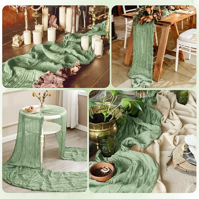 12 Pack Sage Green Cheesecloth Table Runner 17x108 Inch Semi Sheer Boho Gauze Cheese Cloth Fabric Table Runners, for Wedding Party Baby Shower Birthday Home Decor Garden Farmhouse