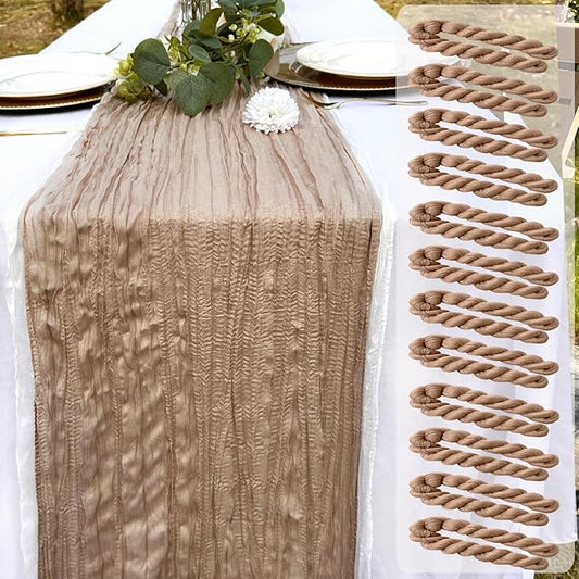 12 Pack Brown Cheesecloth Table Runner 22x120 Inch-Naturally Dyed Colors Sheer Gauze Ivory Cheese Cloth Wedding Table Runner,Rustic Boho Crinkle Fabric, Reception, Bridal Shower,Farmhouse Dining Decor