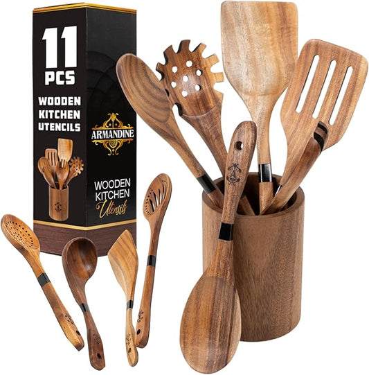 Armandine Premium Teak Wooden Spoons for Cooking 11-Piece - Non-Stick & Non-Scratch Wooden Cooking Premium Utensils Set - Heat Resistant Kitchen Utensils Set