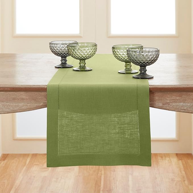 Solino Home Linen Moss Green Hemstitch Table Runner 36 Inches - 100% Pure Linen Small Table Runner 14 x 36 Inch Ideal for Dresser and Coffee Tables - Classic Hemstitch - Winter