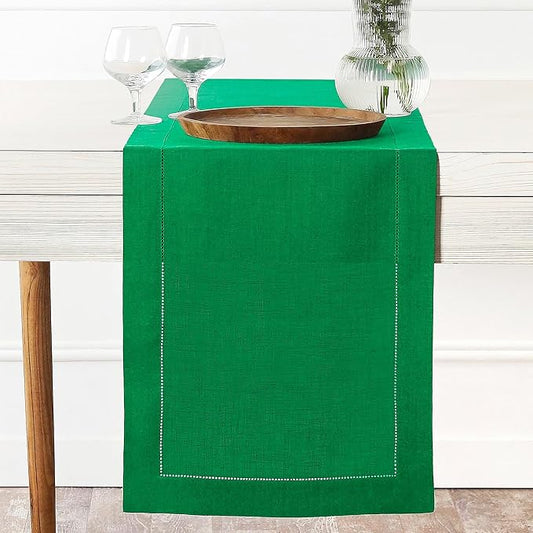 D'Moksha Homes Linen Kelly Green Table Runner 108 Inches Long - 100% Pure Linen 14 x 108 Inch Table Runner for Winter, Christmas, Holiday, New Year - Classic Hemstitch