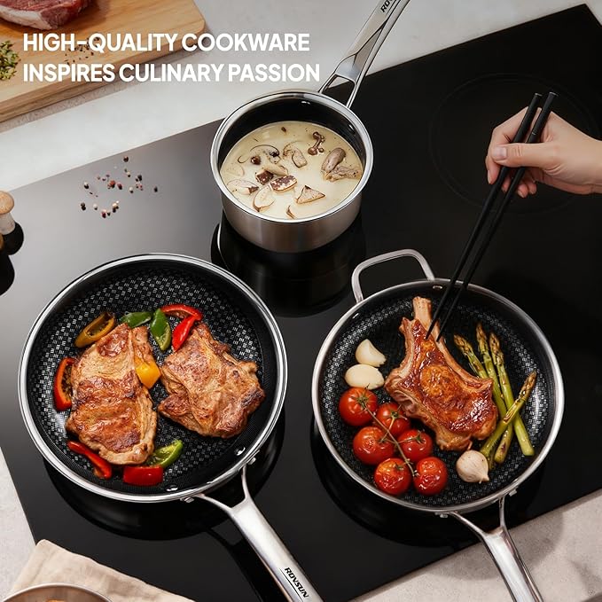 Bonnlo 10 Pieces Cookware Set, 3-Ply Stainless Steel Skillets Set, Non-Toxic Kitchen Set, Oven & Dishwasher Safe, Induction Cooking Set, PFOA & PTFE Free, Compatible for All Cooktops