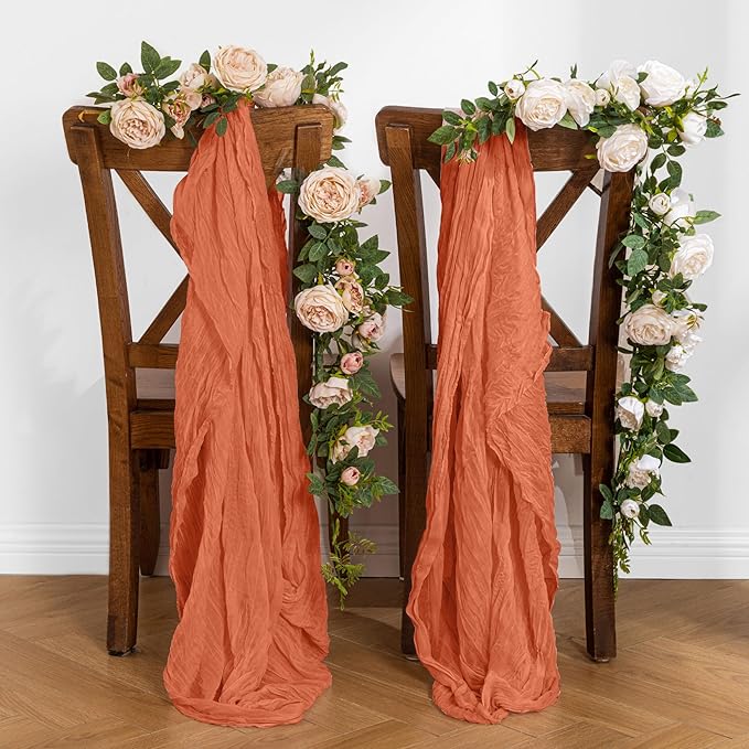 Leetaltree 2 Pack Orange Boho Rustic Cheesecloth Table Runner, 35x120 Inch, Decorative Table Runners for Bridal, Baby Shower, Wedding Table Decorations