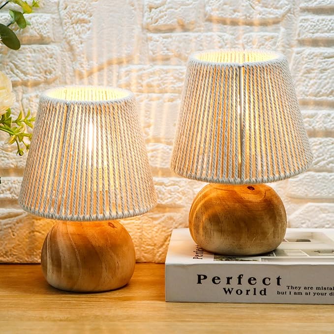 TRIROCKS Set of 2 Woven Cotton Rope Table Lamp - 8'' Tall Cordless Lamps with Wooden Base Boho Lamps Great for Living Room Bedroom Weddings Parties Patio Events