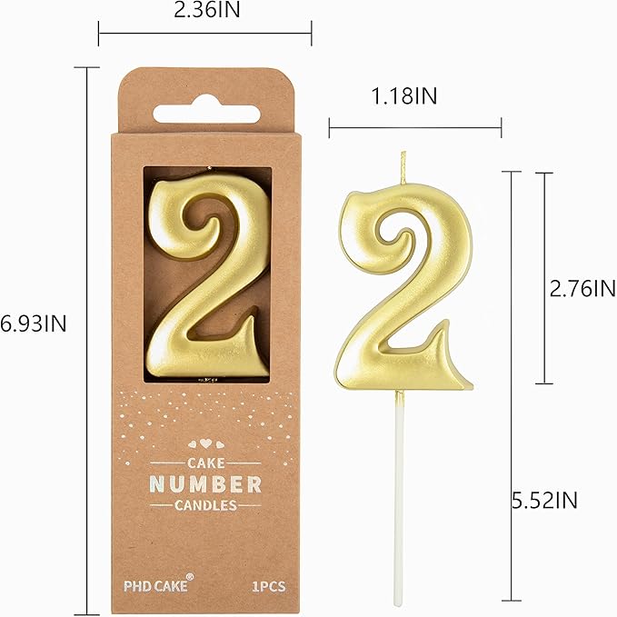 PHD CAKE 2.76 Inch Elegant Gold 2 Number Birthday Candles, Gold Number Candles, Cake Number Candle, Party Celebration