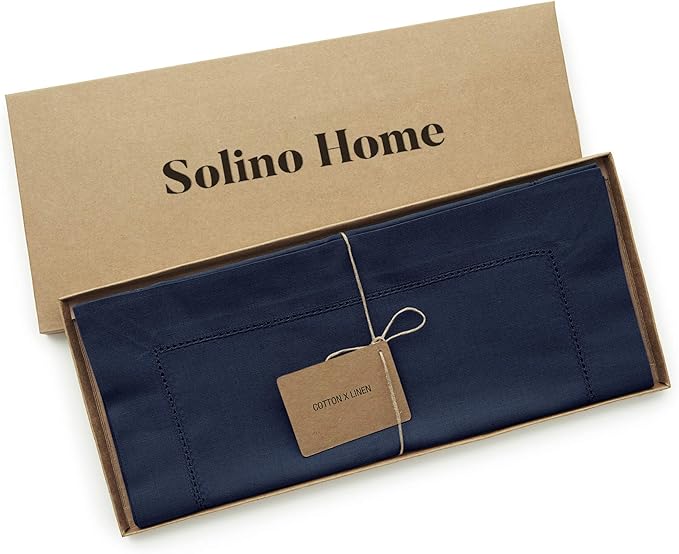 Solino Home Navy Blue Table Runner 60 Inches - Cotton Linen Hemstitch Coffee Table Runner 14 x 60 Inch Ideal for Dresser Tables - Winter, Christmas, Holiday, New Year