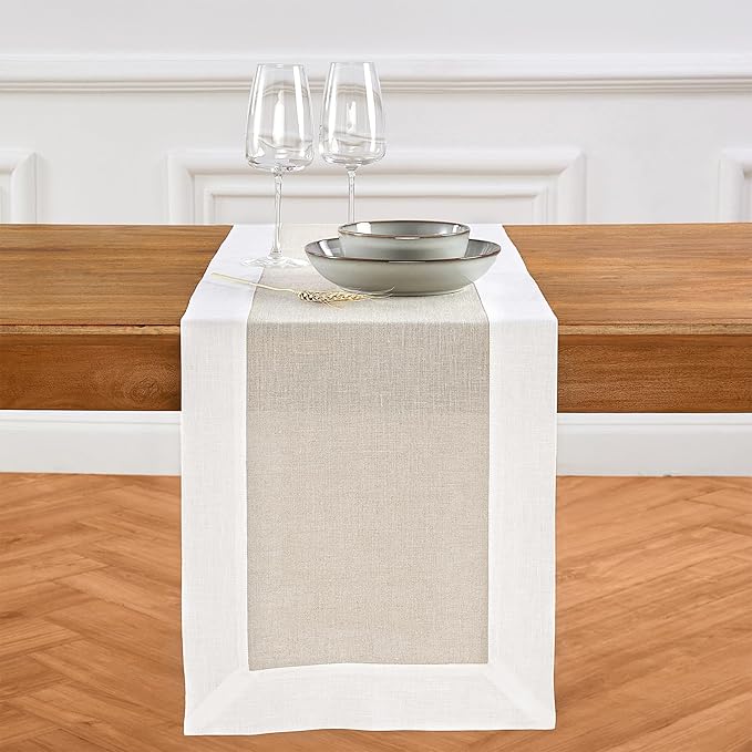 Solino Home Linen Table Runner 90 Inches Long - White and Natural 100% Pure Linen 14 x 90 Inch Table Runner for Dining, New Year, Holiday, Winter - Contempo