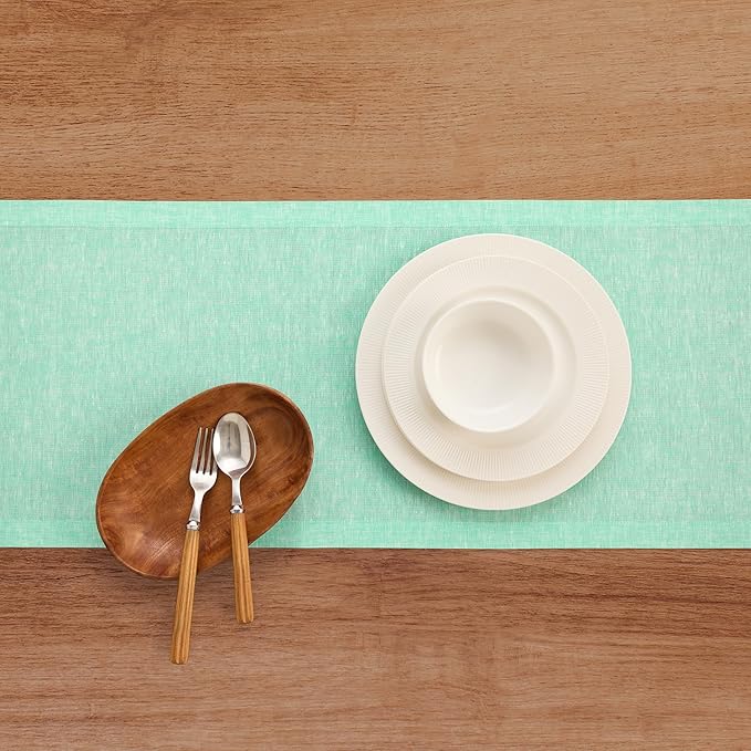 Solino Home Linen Table Runner 36 Inches - 100% Pure Linen Chambray Aqua Table Runner 14 x 36 Inch Ideal for Dresser and Coffee Tables - Athena