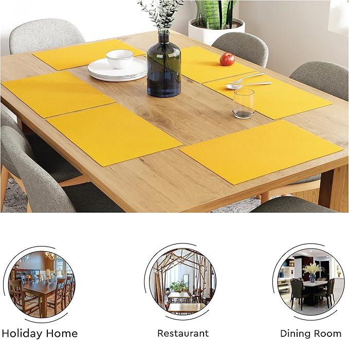 Encasa XO Dining Placemat Set of 6 | Solid Yellow Color | Fine Ribbed Cotton Table mat | Size 19x13 in |for Dining Table Fall Decoration, Holiday & Christmas Festivals - Machine Washable