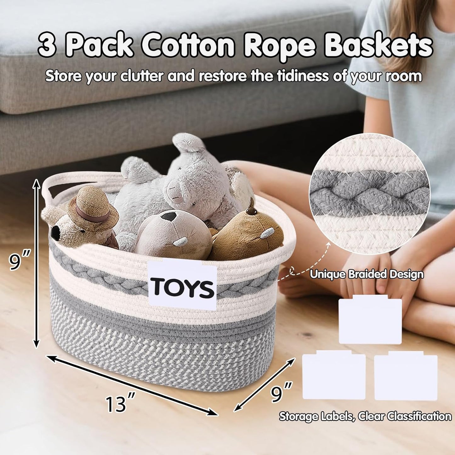 Woven Storage Basket, 3 Pack Grey Rope Basket for Shelves, HandWoven Cotton Rope Basket with Built-in Handles and Labels for Bathroom, Bedroom, Laundry, Pantry, Shelves