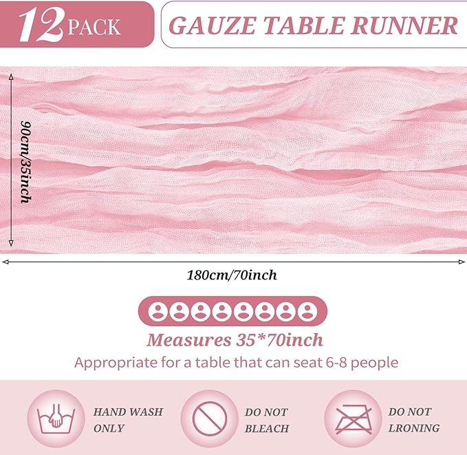 12 Pack Cheesecloth Table Runner 35 x 70 inch Long Boho Cheese Cloth Gauze Table Runners Semi Sheer Table Runner for Wedding Decor, Bridal Shower, Birthday Party (Light Pink)
