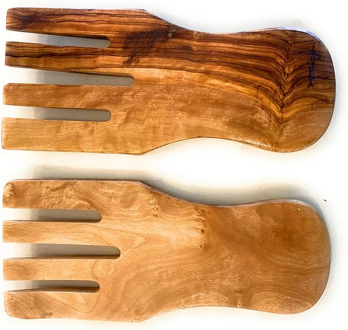 8" Olive Wood Salad Server Hands- Hand Made Utensil Set- For Serving Salads, Pasta, Fruit, Vegetables (8" Salad Hands)