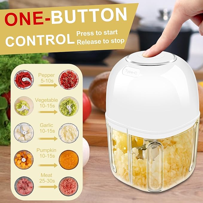 350ML Electric Garlic Chopper, Portable Mini Food Processor, USB Garlic Mincer Masher with 6 Stainless Steel Blade, Rechargeable Vegetable Chopper for Ginger, Chili, Meat, Spices