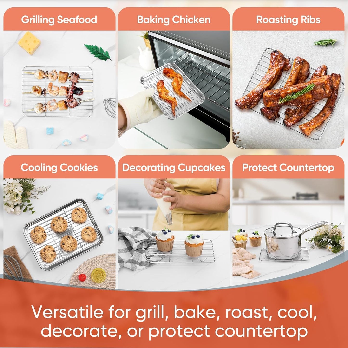 2 Pack Cooling Rack for Baking, Homikit 8.7 * 6.3 Inch Small Stainless Steel Metal Roasting Grilling Cooking Racks, Fits Small Toaster Oven, Dishwasher Safe, Heavy duty & Rust Resistant