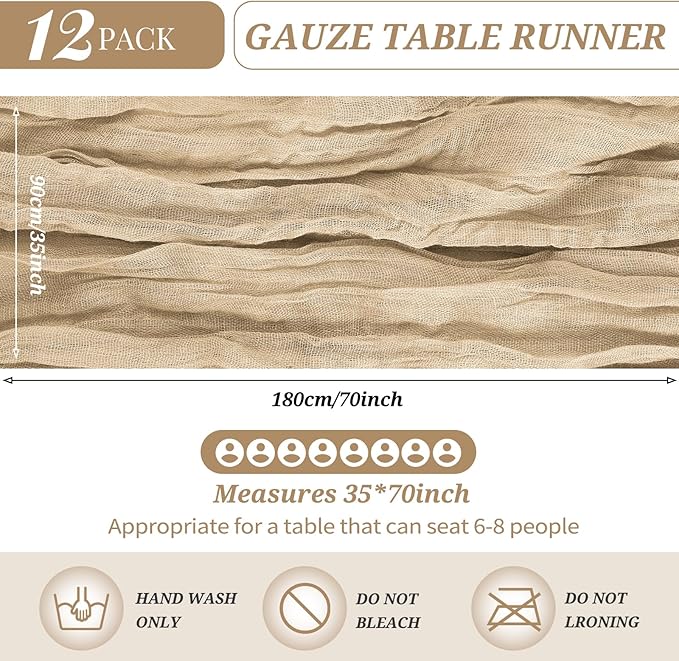 12 Pack Cheesecloth Table Runner 35 x 70 inch Long Boho Cheese Cloth Gauze Table Runners Semi Sheer Table Runner for Wedding Decor, Bridal Shower, Birthday Party (Beige)