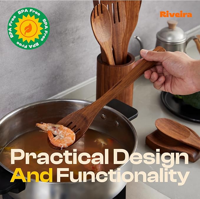 Riveira Teak Wooden Spoons for Cooking Set of 9 – Natural Teak Wooden Cooking Utensils, Wooden Spatula, Wooden Spoon - Premium Quality Utensil Set for Non-Toxic Cooking