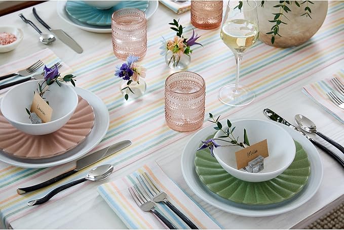 Solino Home Linen Table Runner 48 Inches - Julia 100% Pure Linen Multicolor Muted Pastel Stripe Farmhouse Table Runner 14 x 48 Inch Ideal for Dresser and Coffee Tables