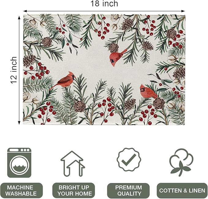 Seliem Winter Cardinal Birds Placemats Set of 4, Red Berries Branch Pine Cone Cotton Vintage Dining Table Place Mats, Seasonal Christmas Holiday Kitchen Decor Home Decoration 12 x 18 Inch