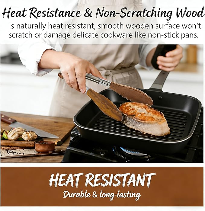 Wooden Tongs for Cooking Heat Resistant 2 Pcs 9 Inch 12 Inch Wooden Salad Tongs with Wood Tip for Serving Food Walnut Wood Kitchen Utensils for Toaster Home Chefs Gift Suitable for Non-stick Cookware