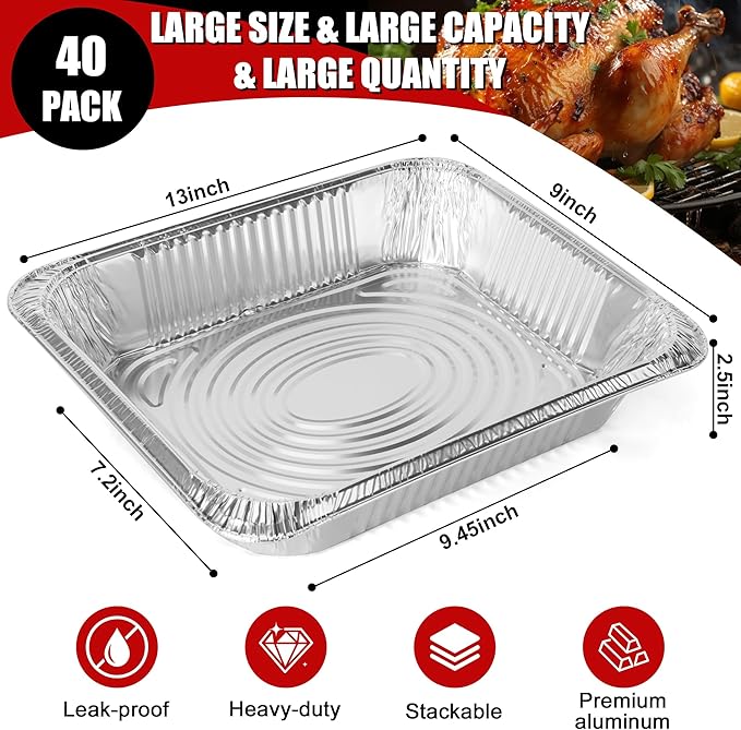 Unokit Aluminum Foil Pans Heavy Duty 9x13-40 Pack Disposable Deep Baking Tins, Steam Table Trays for Oven, Roasting Trays for Baking, Cooking, Heating, Storing and Prepping Food