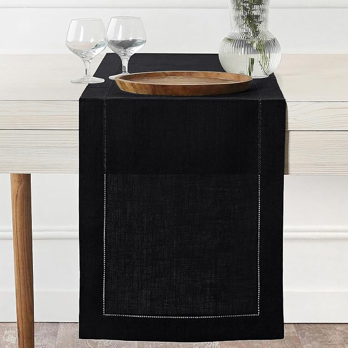 D'Moksha Homes Linen Black Table Runner 48 Inches - Classic Hemstitch, 100% Pure Linen Coffee Table Runner 14 x 48 Inch Ideal for Dresser Tables - Winter, Christmas, Holiday, New Year