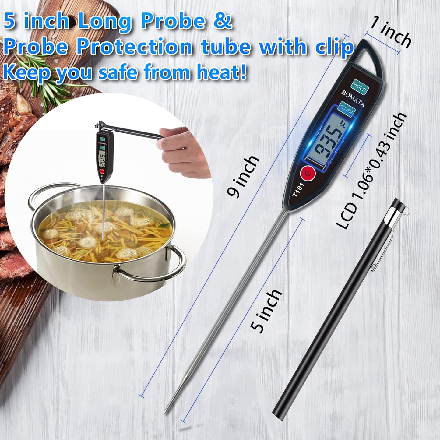 BOMATA 2 Pack Waterproof IPX7 Meat Thermometer Instant Read Food Thermometer with Long Probe for Water, Liquid, Kitchen Cooking, Grill,BBQ ! T101 X 2 Pcs (Black & Red)…
