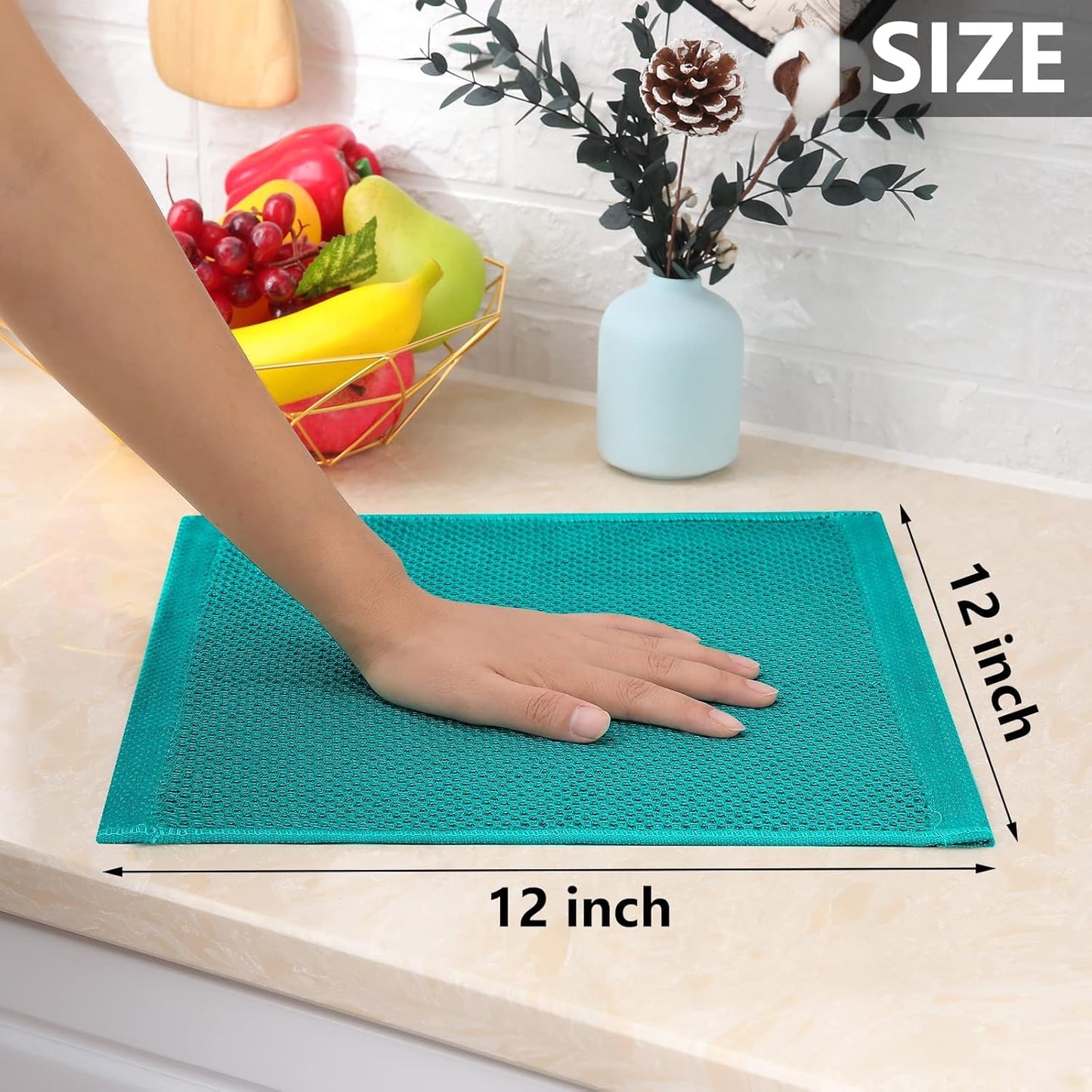 Homaxy 100% Cotton Waffle Weave Kitchen Dish Cloths, Ultra Soft Absorbent Quick Drying Dish Towels, 12 x 12 Inches, 12-Pack, Teal