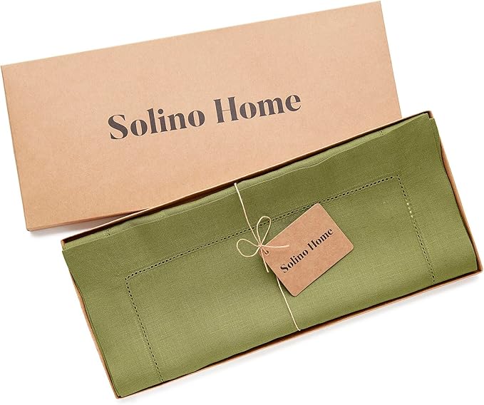 Solino Home Linen Avocado Green Table Runner 90 Inches Long - 100% Pure Linen Hemstitch 14 x 90 Inch Table Runner for Dining - Classic Hemstitch