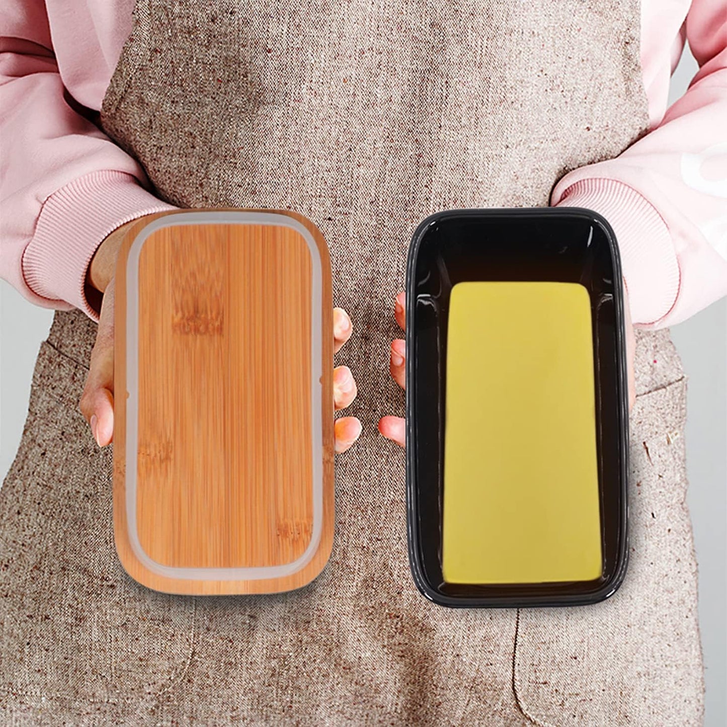 Ceramic Butter Dish with Wooden Lid, Large Butters Container Keeper Storage with Stainless Steel Knife Spreader, Bamboo Cover and Silicone Sealing Ring for West East Coast, Black