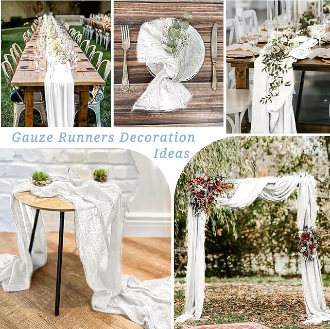 12 Pack 10Ft White Cheesecloth Table Runner 35 x 120 inch Boho Gauze Cheese Cloth Table Runner Vintage Rustic Sheer Runners for Wedding Bridal Shower Birthday Party Cake Table Decorations