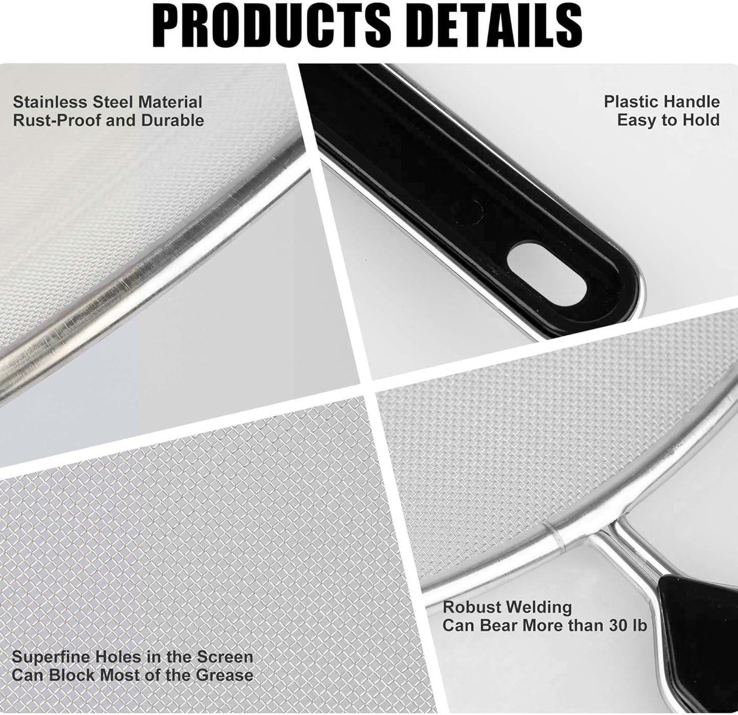 Splatter Screen for Frying Pan, Grease Splatter Guard, Stainless Steel Splatter Guards for Frying with Long Handle, Kitchen Oil Splash Guard Cooking Shield, Fine Mesh Strainer (Black, 13 inch)