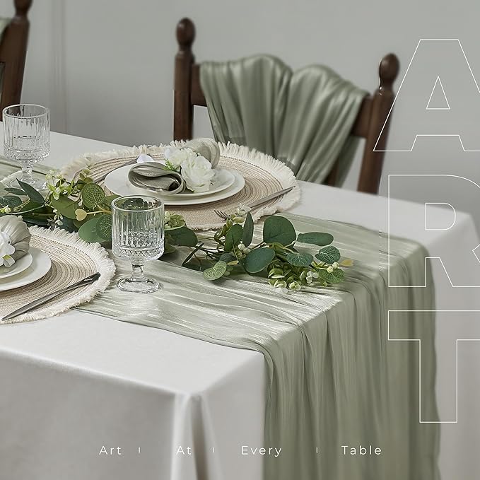 Leetaltree Dazzle Table Runner-Luxury Scarf Table Runner 120 Inch 10FT - Liquid Silk Shine, Elegant Gift Set with Card for Wedding, Christmas, Baby Shower,Holiday & Home Decor (Sage Green, 1 Pack)