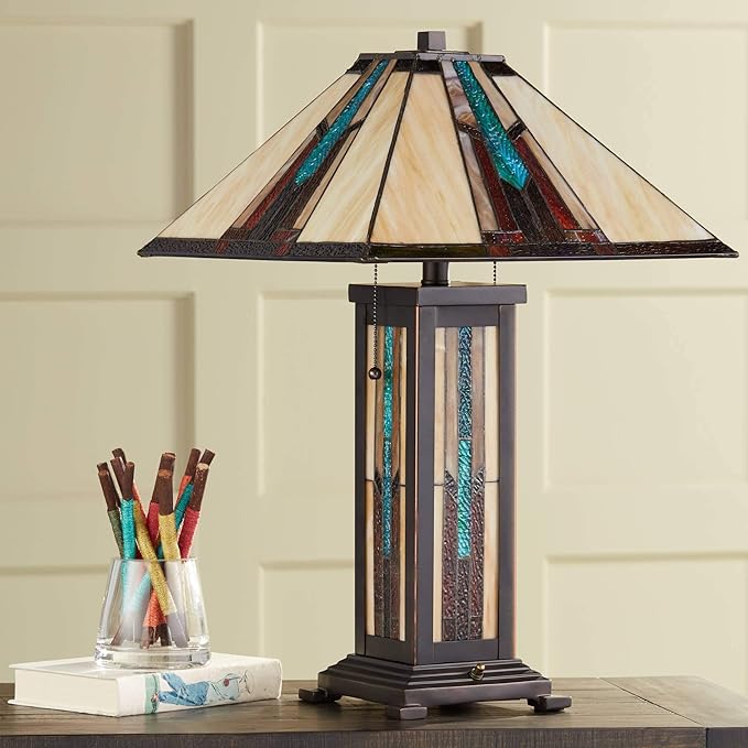 Robert Louis Tiffany Ranier Mission Tiffany Style Table Lamp with Nightlight 25" High Bronze Brown Antique Stained Art Glass for Living Room Bedroom House Bedside Nightstand Home Office Family