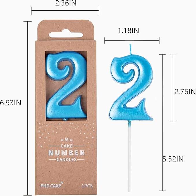 PHD CAKE 2.76 Inch Elegant Blue 2 Number Birthday Candles, Blue Number Candles, Cake Number Candles, Party Celebration