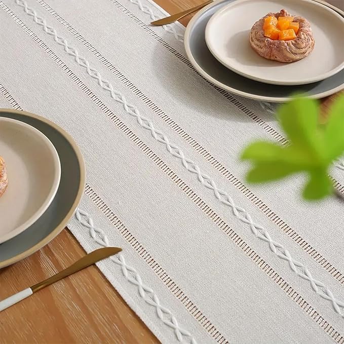 Niviy White Table Runners 90 Inches Long with Tassels, Ivory Embroidered Table Runner Farmhouse Rustic Linen Runners for Dresser Scarf Home Decor (White, 12"×90")