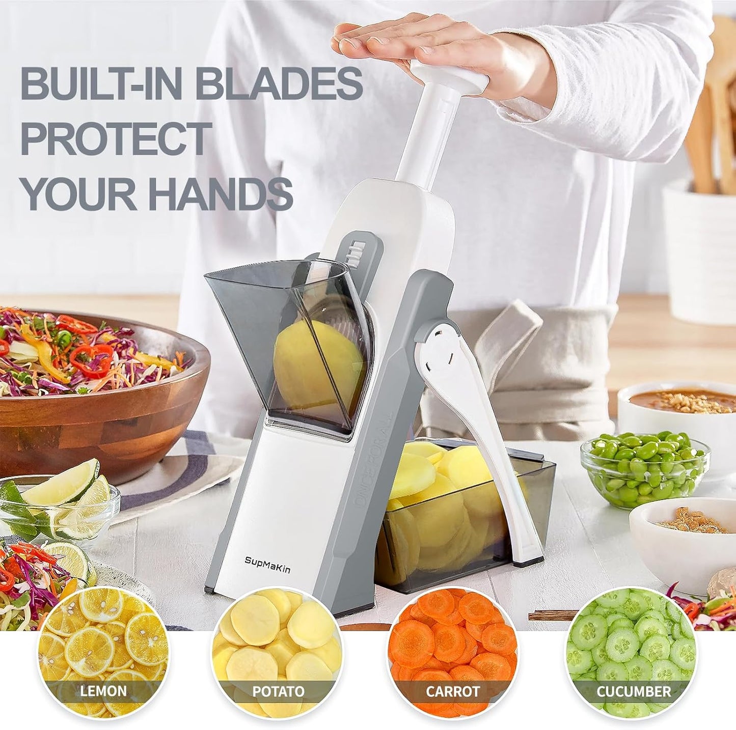 SupMaKin Safe Mandoline Slicer for Kitchen, Potato Slicer for Chips, Vegetable & Food Cutter,Thickness Adjustable 0.1-8 mm, Kitchen Faster Slice Artifact (Only Slicer)