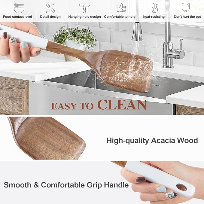 Wooden Spoons For Cooking, 6 PCS Natural Acacia Wooden Cooking Utensils, Smooth Grip Wood Cooking Spoons with Hanging Hole, Non-Stick Wooden Utensil Set for Kitchen Essentials, White