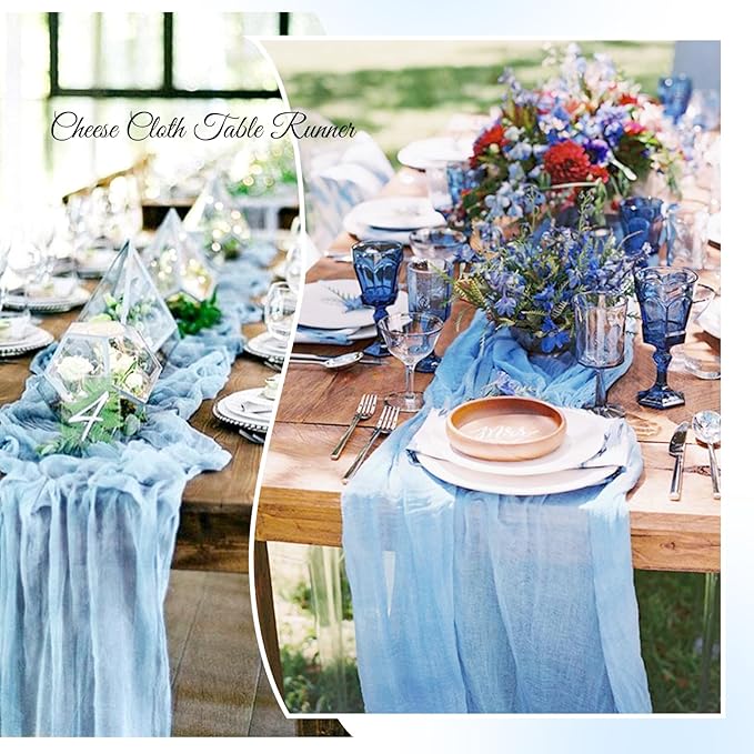 Aktor 6 Pack Baby Blue Cheesecloth Table Runner 10Ft Gauze Table Runner Boho Semi Sheer Cheese Cloth Fabric Runners for Wedding Birthday Baby Shower Party Table Decoration（Baby Blue）