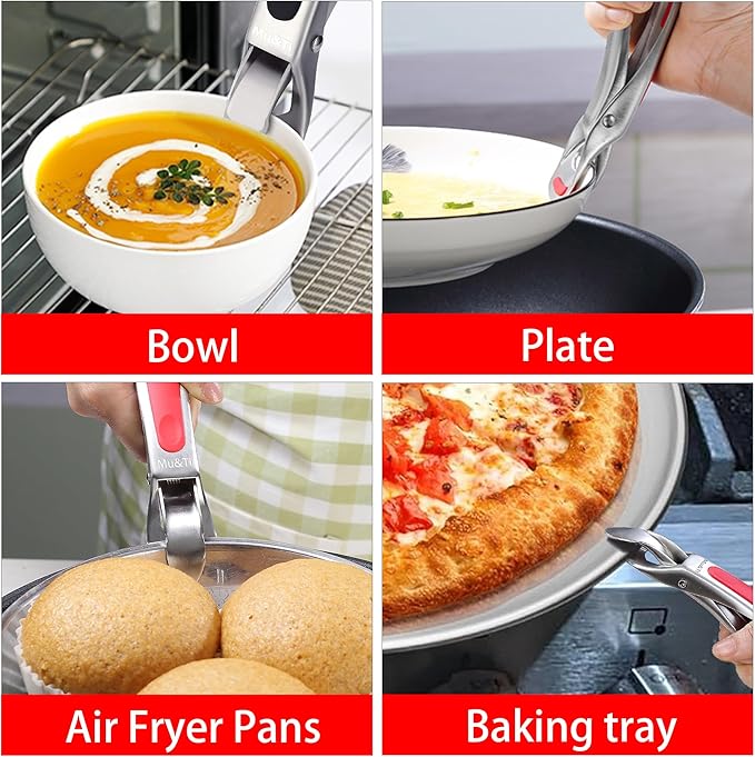Mu&Ti Hot plate gripper For Instant Pot accessories, For Microwave, Oven,Toaster (Safe for Air Fryer Pans Gripper,Bowls, Egg Custard, Hot Plates) Stainless Steel Heat-Resistant Kitchen Gripper (Red)