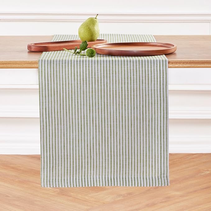 Solino Home Linen Table Runner 36 Inches - Narrow Stripe 100% Pure Linen Avocado and White Table Runner 14 x 36 Inch Ideal for Dresser and Coffee Tables - Winter, Christmas, New Year