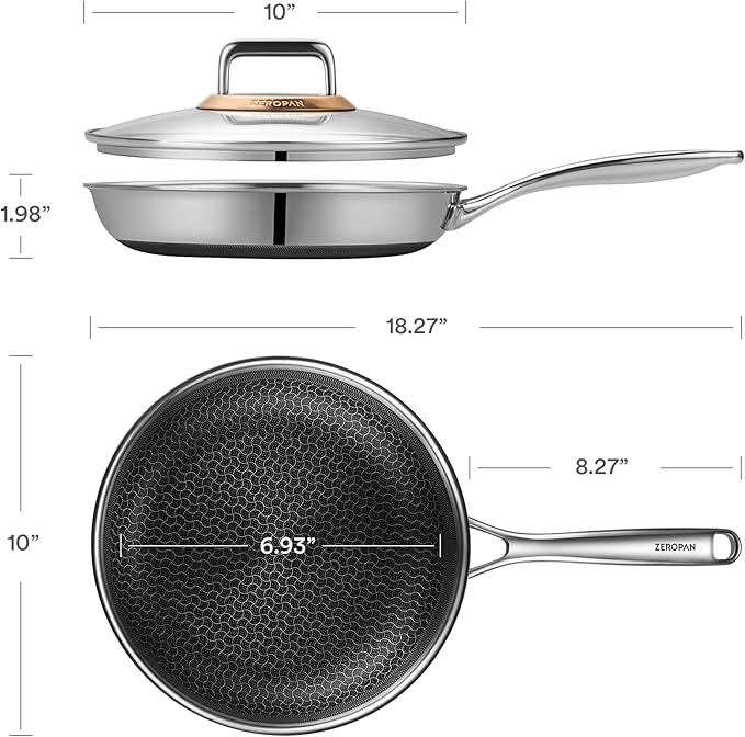 Hybrid Nonstick 10-Inch Frying Pan with Lid,Non Stick Frying Pan,PFAS PFOA PTFE Free,Stay-Cool Handle, Dishwasher-Friendly, Oven-Safe Up to 600°F, Induction Ready, Compatible with All Cooktops