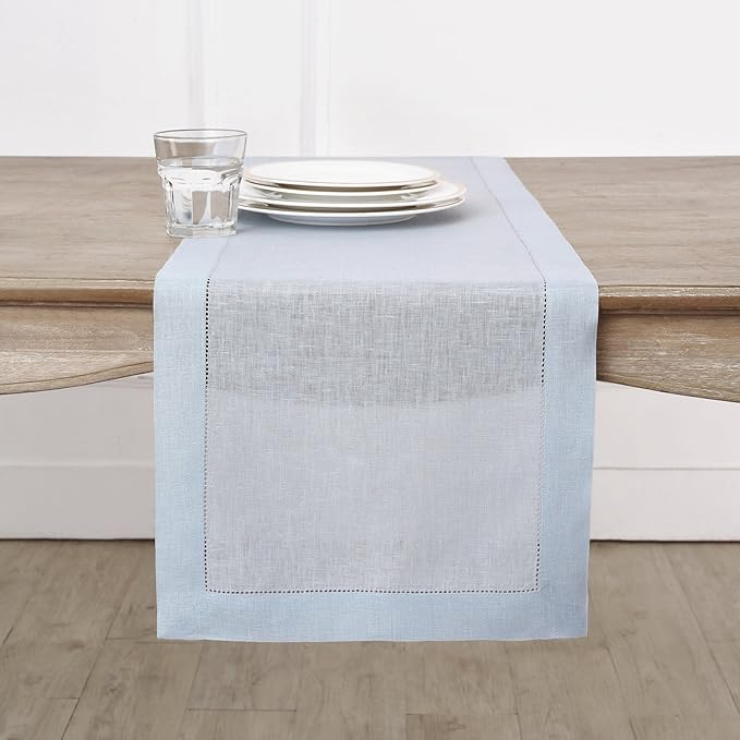 Solino Home Linen Light Blue Table Runner 36 Inches - Classic Hemstitch, 100% Pure Linen Coffee Table Runner 14 x 36 Inch Ideal for Dresser Tables, Christmas, New Year
