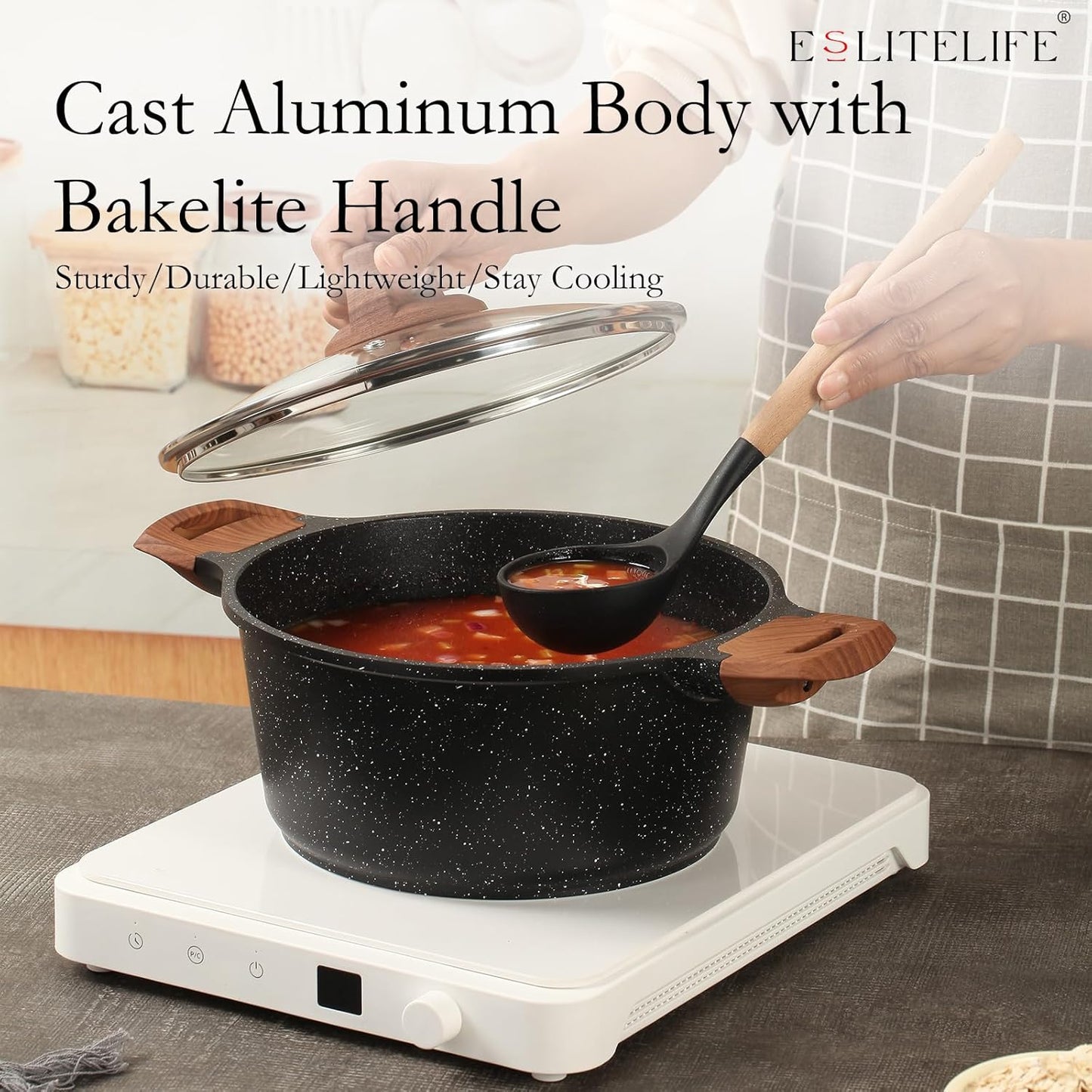 ESLITE LIFE Nonstick Stock Pot with Lid, 7 Quart Granite Casserole Large Soup Pot Pasta Cooking Pot, Induction Compatible, PTFE & PFOA Free, Black